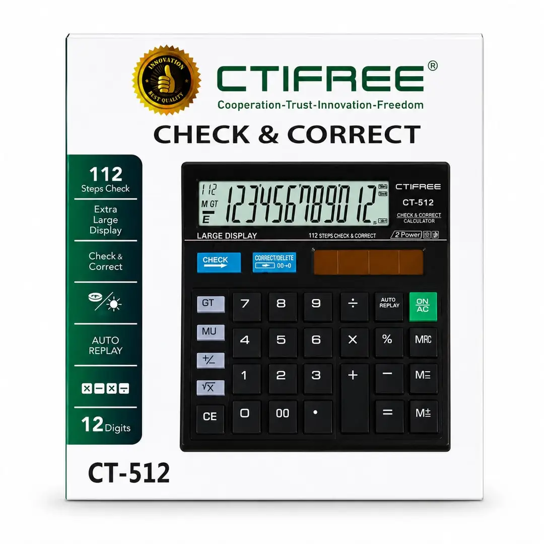 CTIFREE CT-512 12-Digit Solar Calculator | 112 Steps Check & Correct | Large Display | Desktop Calculator for Office, School & Business