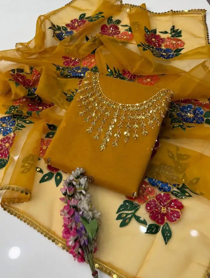 3 Pcs Women's Unstitched Sequins Embroidered Suit