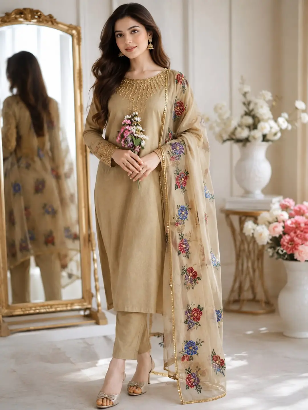 3 Pcs Women's Unstitched Sequins Embroidered Suit