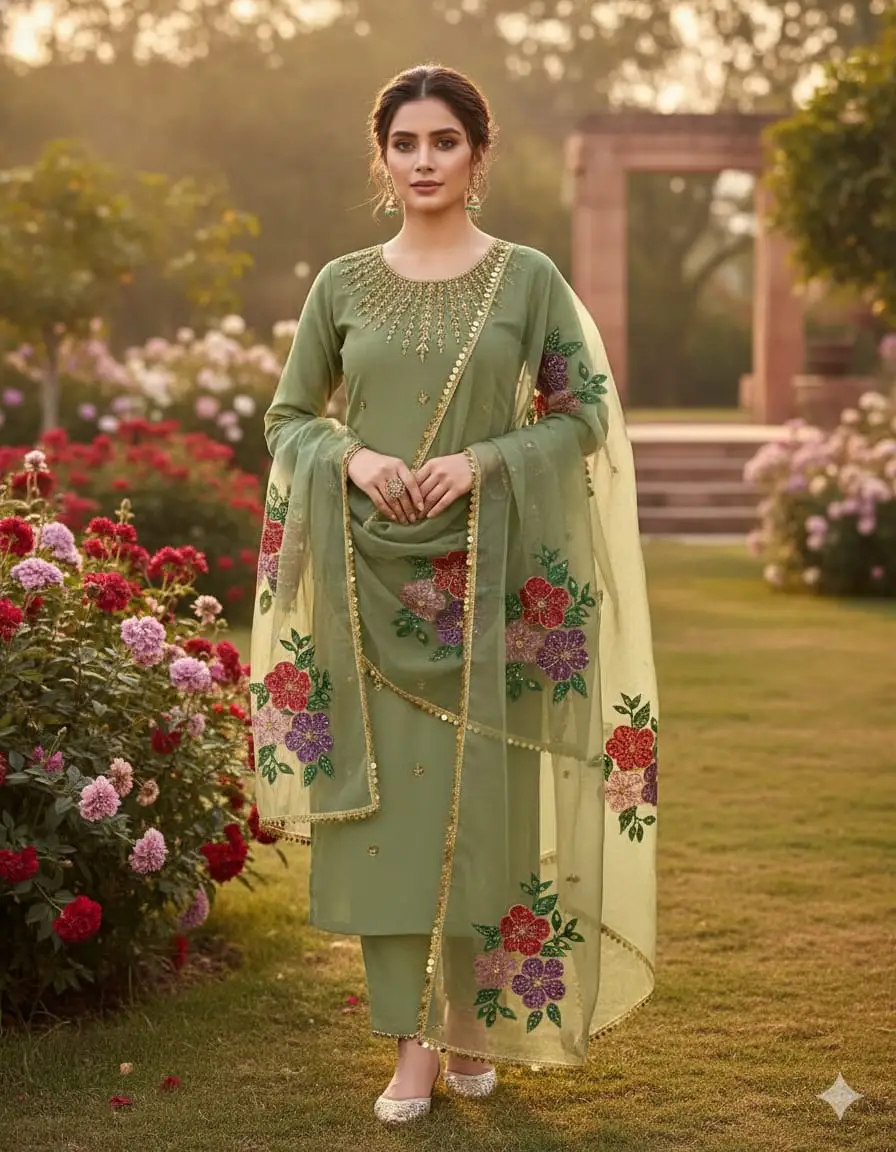 3 Pcs Women's Unstitched Sequins Embroidered Suit
