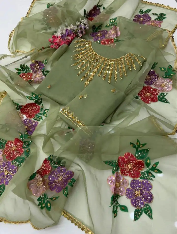 3 Pcs Women's Unstitched Sequins Embroidered Suit