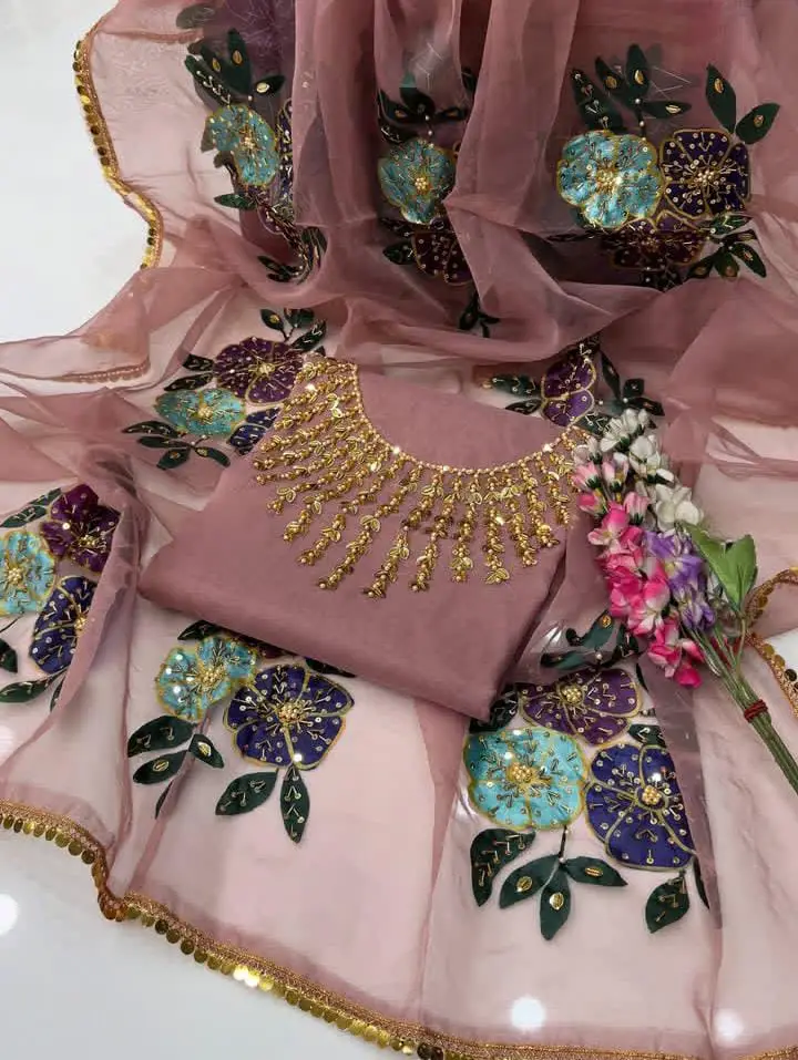 3 Pcs Women's Unstitched Sequins Embroidered Suit
