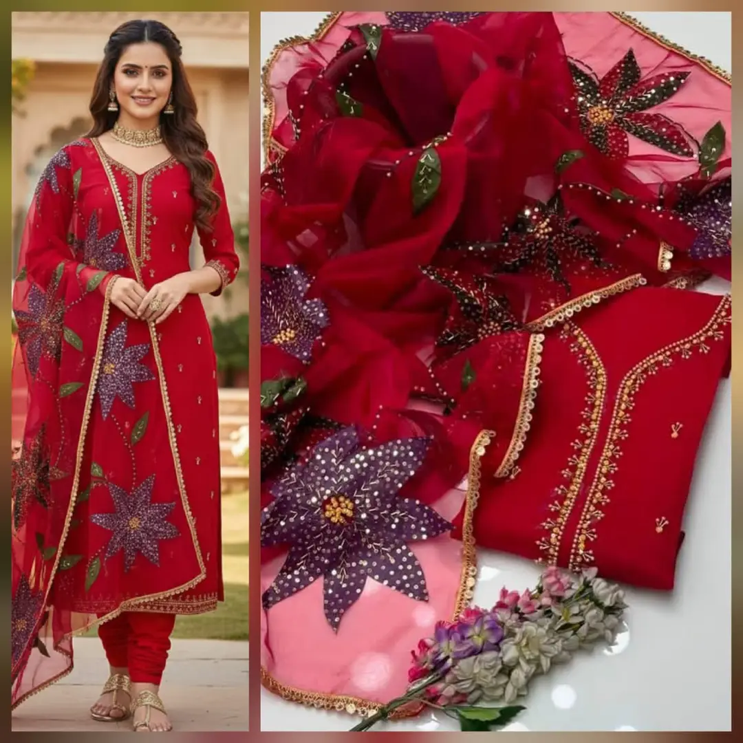 3 Pcs Women's Unstitched Sequins Embroidered Suit