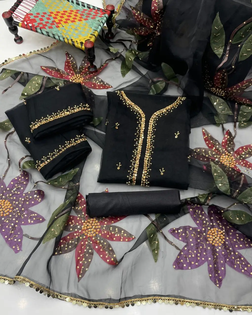 3 Pcs Women's Unstitched Sequins Embroidered Suit