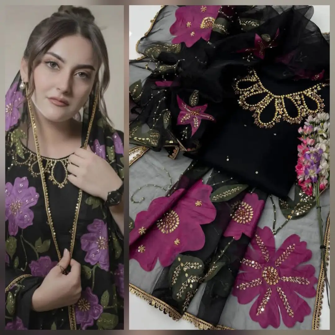 3 Pcs Women's Unstitched Sequins Embroidered Suit