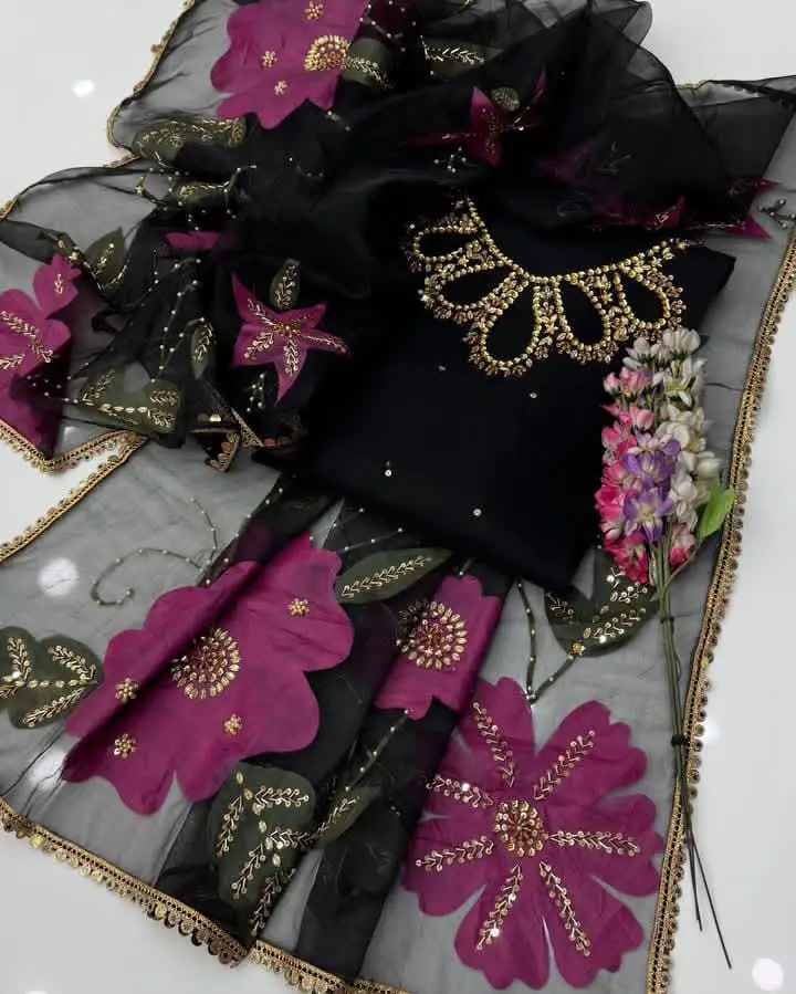 3 Pcs Women's Unstitched Sequins Embroidered Suit