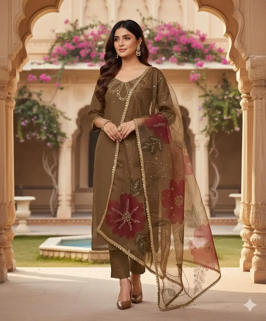 3 Pcs Women's Unstitched Sequins Embroidered Suit