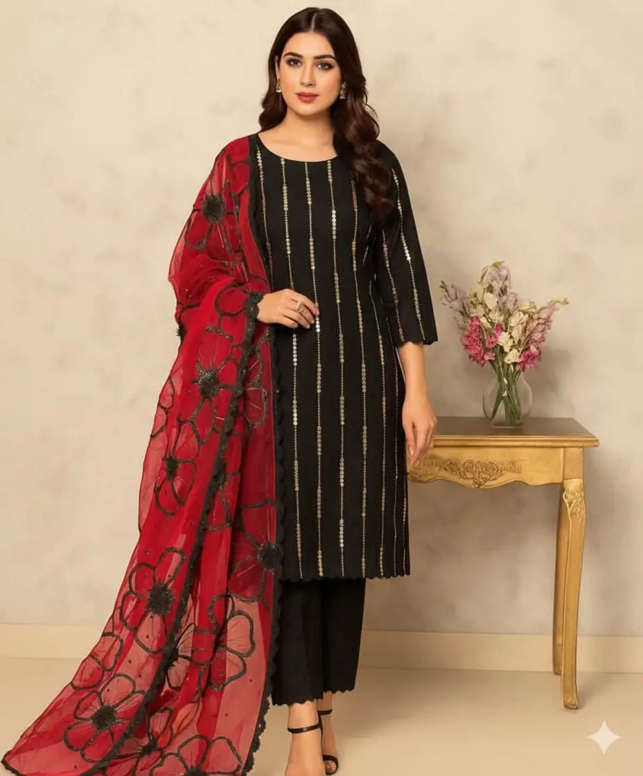 3 Pcs Women's Unstitched Embroidered Suit beautiful article