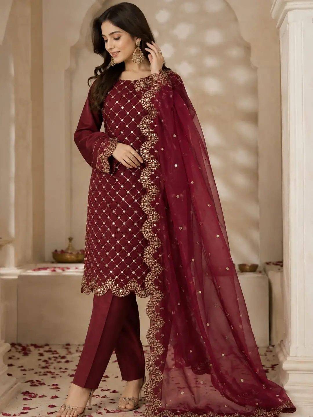 3 Pcs Women's Unstitched Sheesha Work Suit