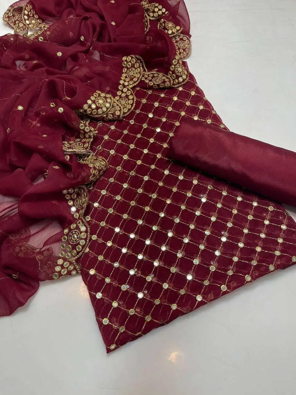 3 Pcs Women's Unstitched Sheesha Work Suit