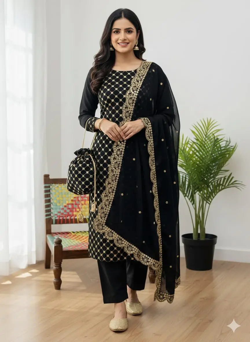 3 Pcs Women's Unstitched Sheesha Work Suit