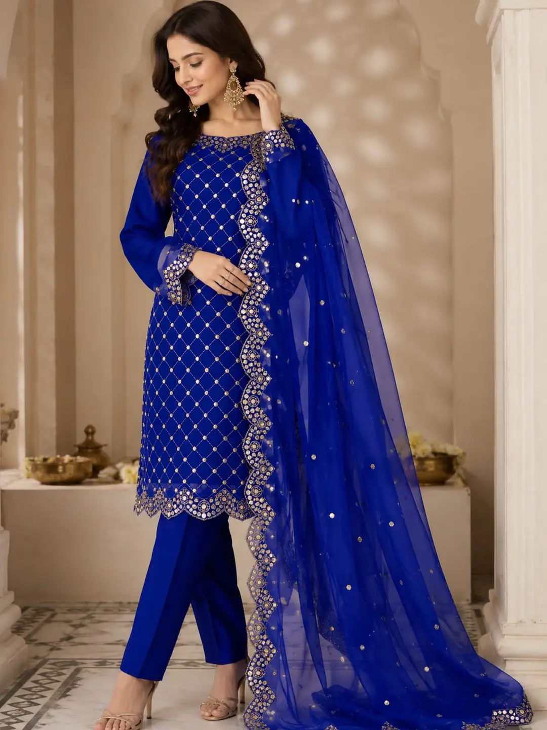 3 Pcs Women's Unstitched Sheesha Work Suit