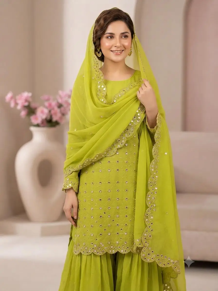 3 Pcs Women's Unstitched Sheesha Work Suit
