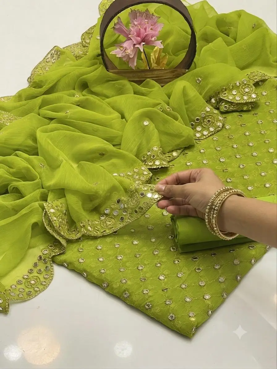 3 Pcs Women's Unstitched Sheesha Work Suit
