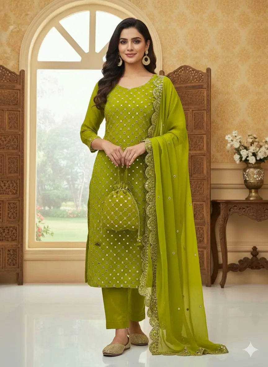 3 Pcs Women's Unstitched Sheesha Work Suit