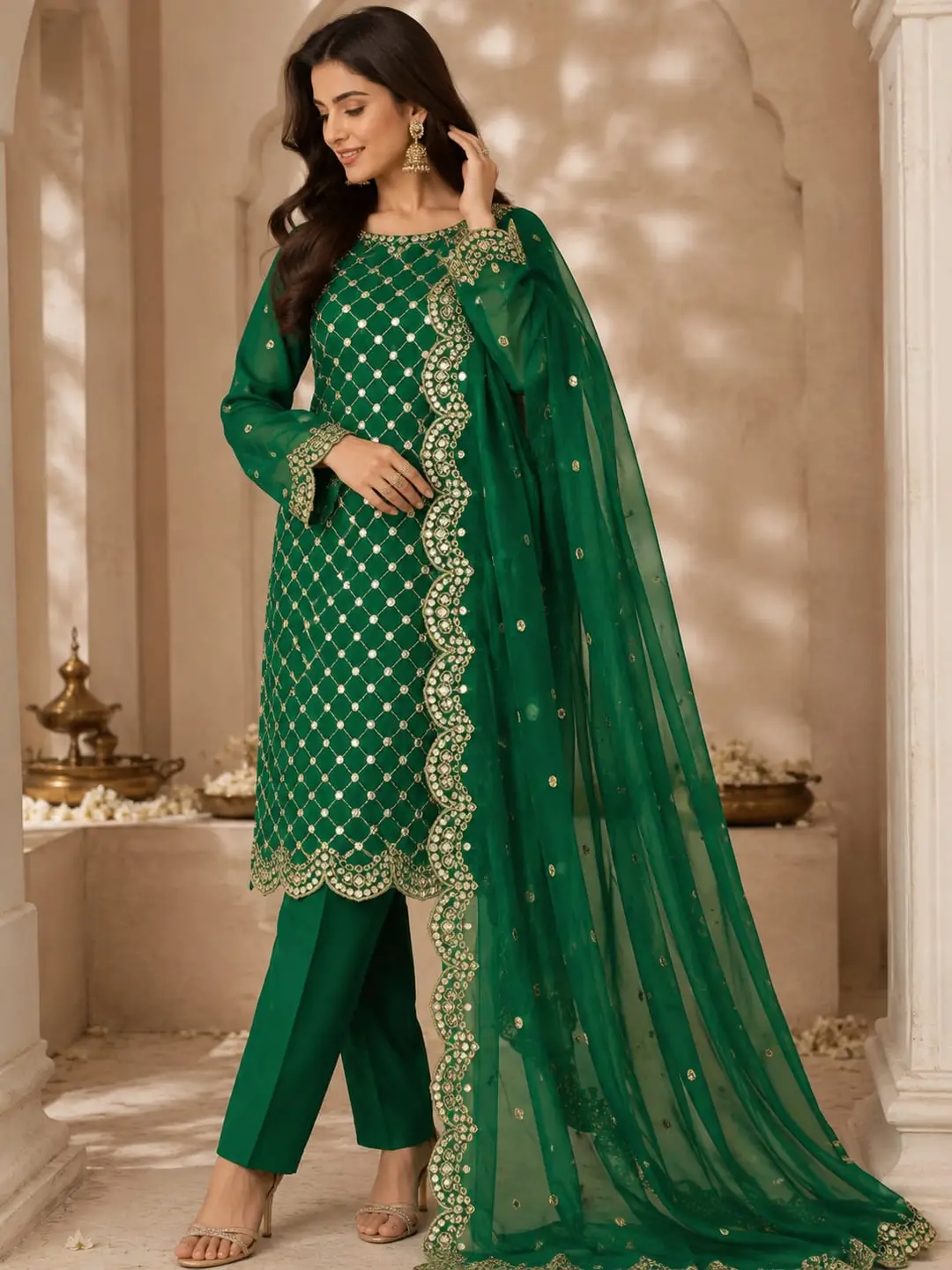 3 Pcs Women's Unstitched Sheesha Work Suit