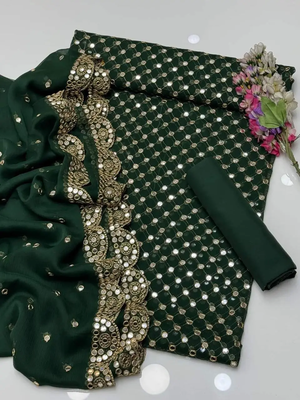 3 Pcs Women's Unstitched Sheesha Work Suit