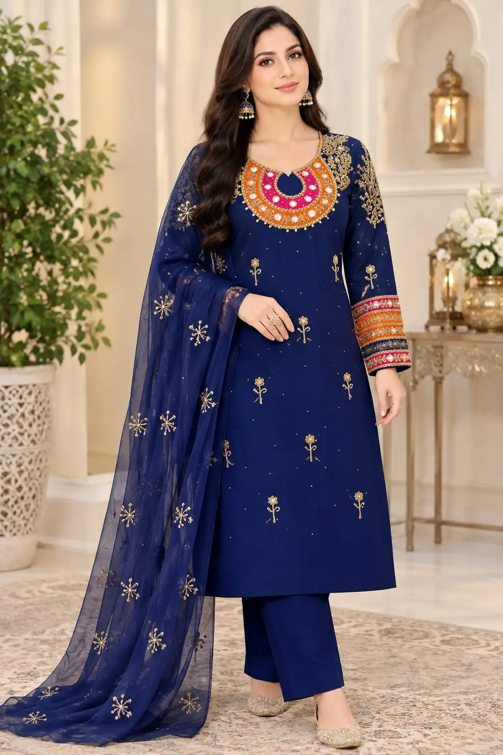 Stunning Blue Organza Suit with Sequins Embroidery - 3 Pcs Ensemble