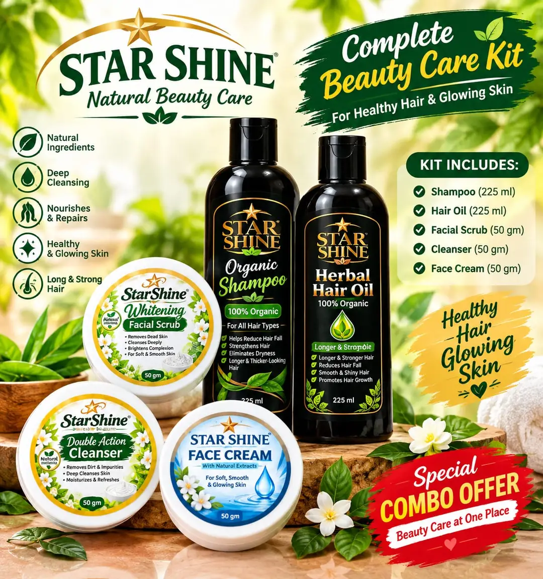 Combo Box 5in1 Face Cream, Scrub, Cleanser, Hair Oil &Shampo