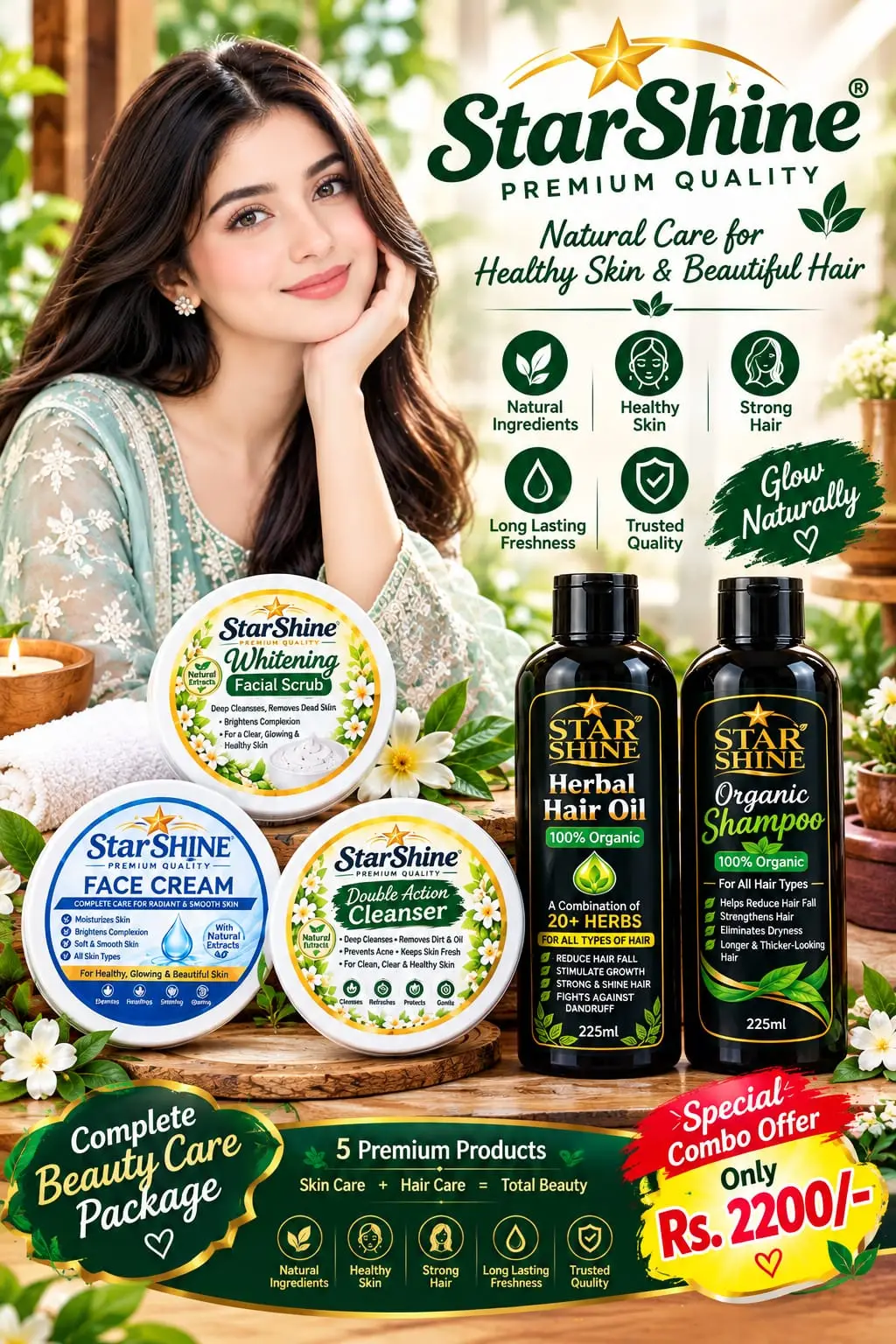 Combo Box 5in1 Face Cream, Scrub, Cleanser, Hair Oil &Shampo