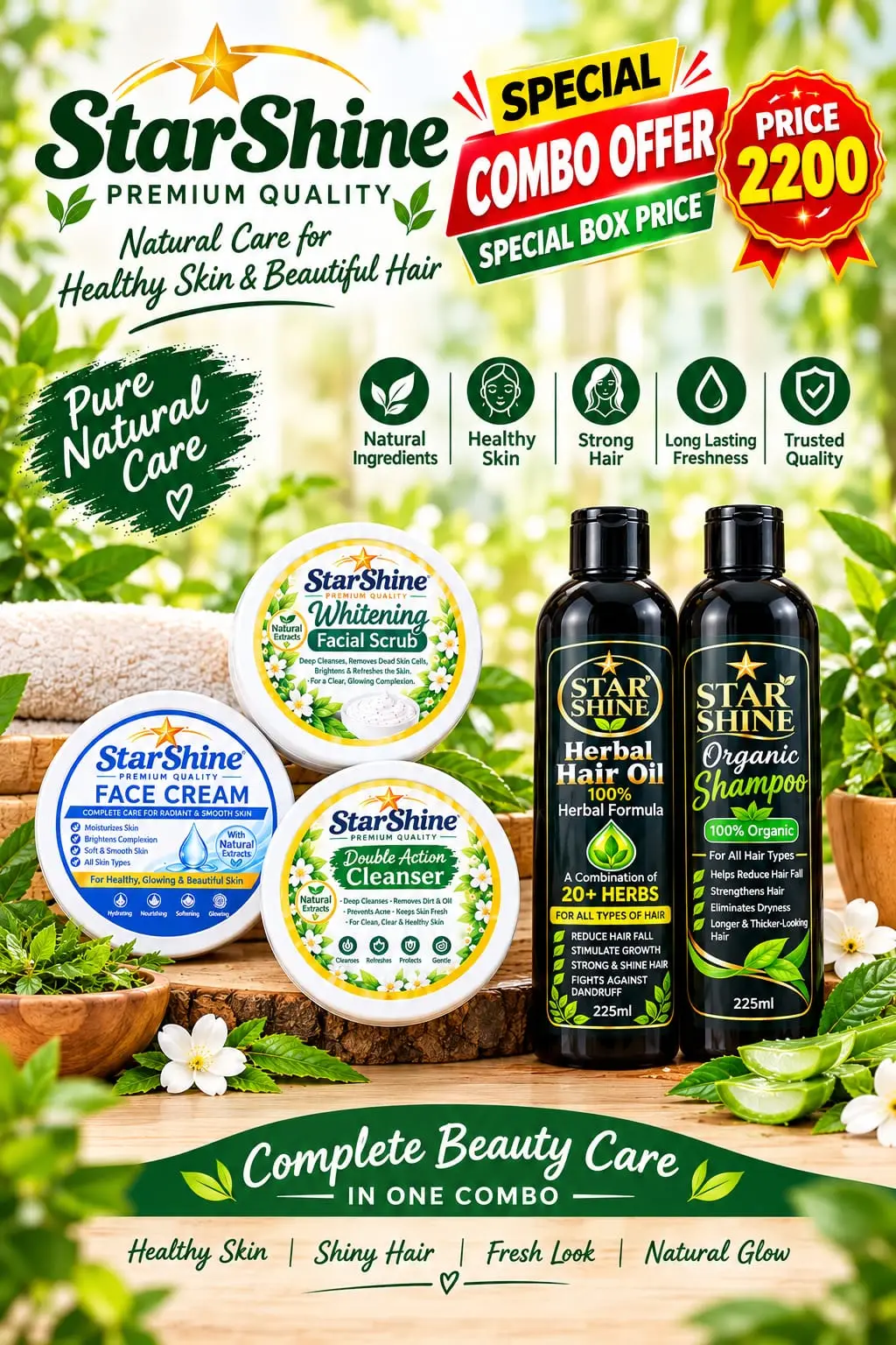 Combo Box 5in1 Face Cream, Scrub, Cleanser, Hair Oil &Shampo