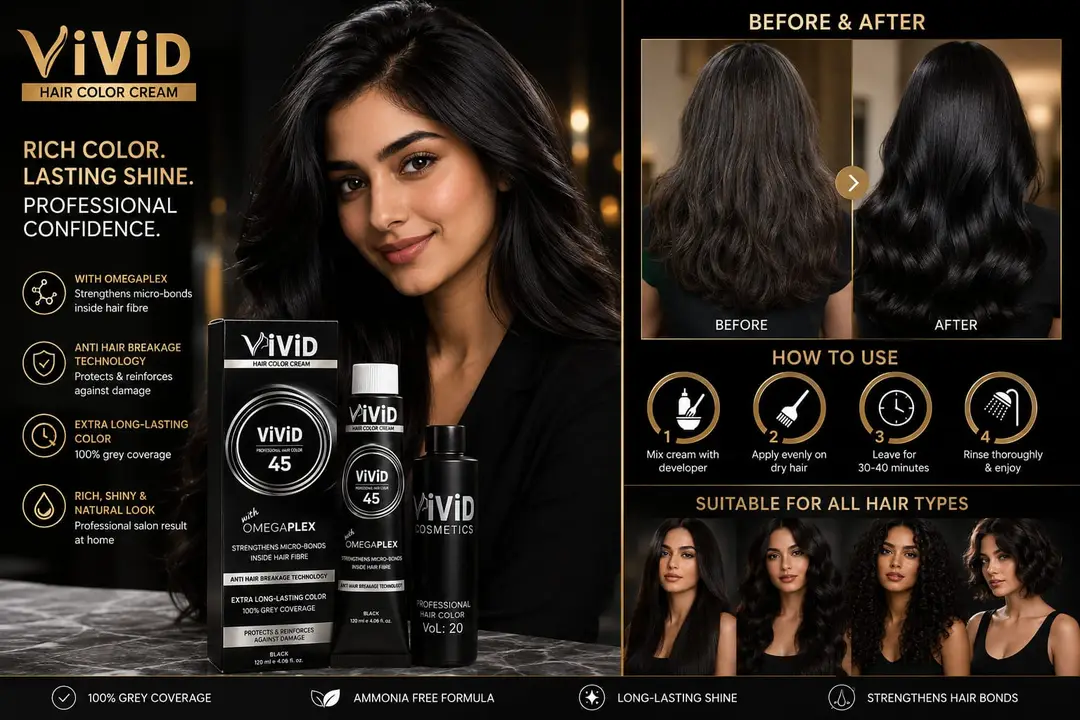 ViViD Hair Color Cream 45 Black with OmegaPlex | 100% Grey Coverage | 120ml