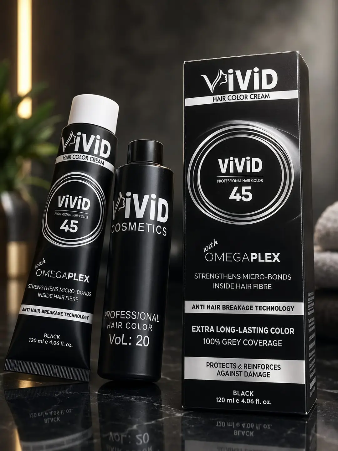 ViViD Hair Color Cream 45 Black with OmegaPlex | 100% Grey Coverage | 120ml