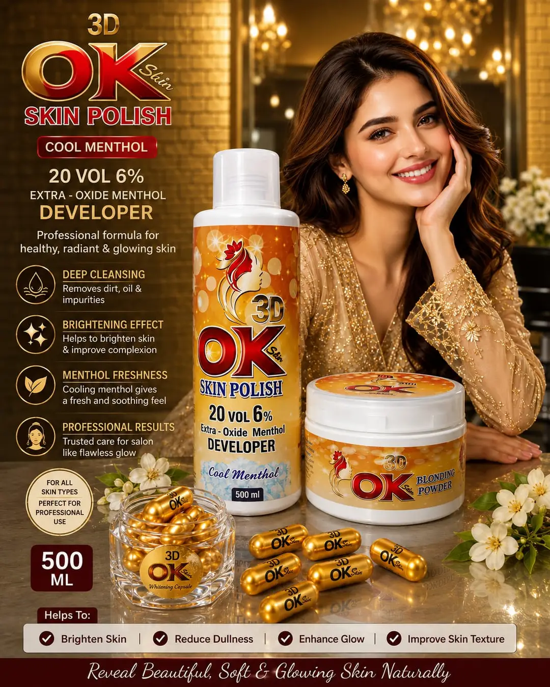 OK 3D Exfoliator Skin Polisher & Activator 500 ML with whitening capsule
