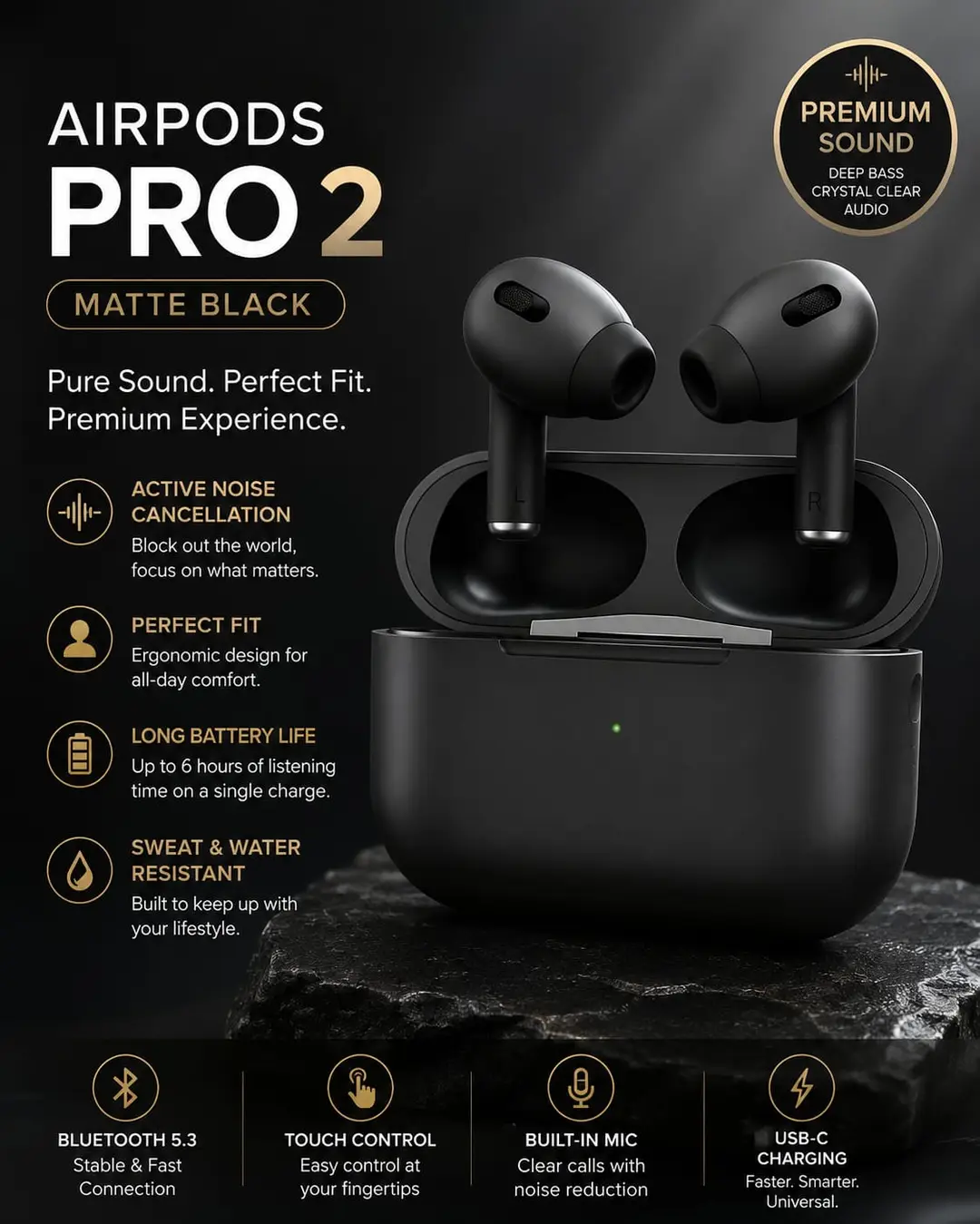 Black Long-Lasting Battery With Fast Charge 2 Earbuds