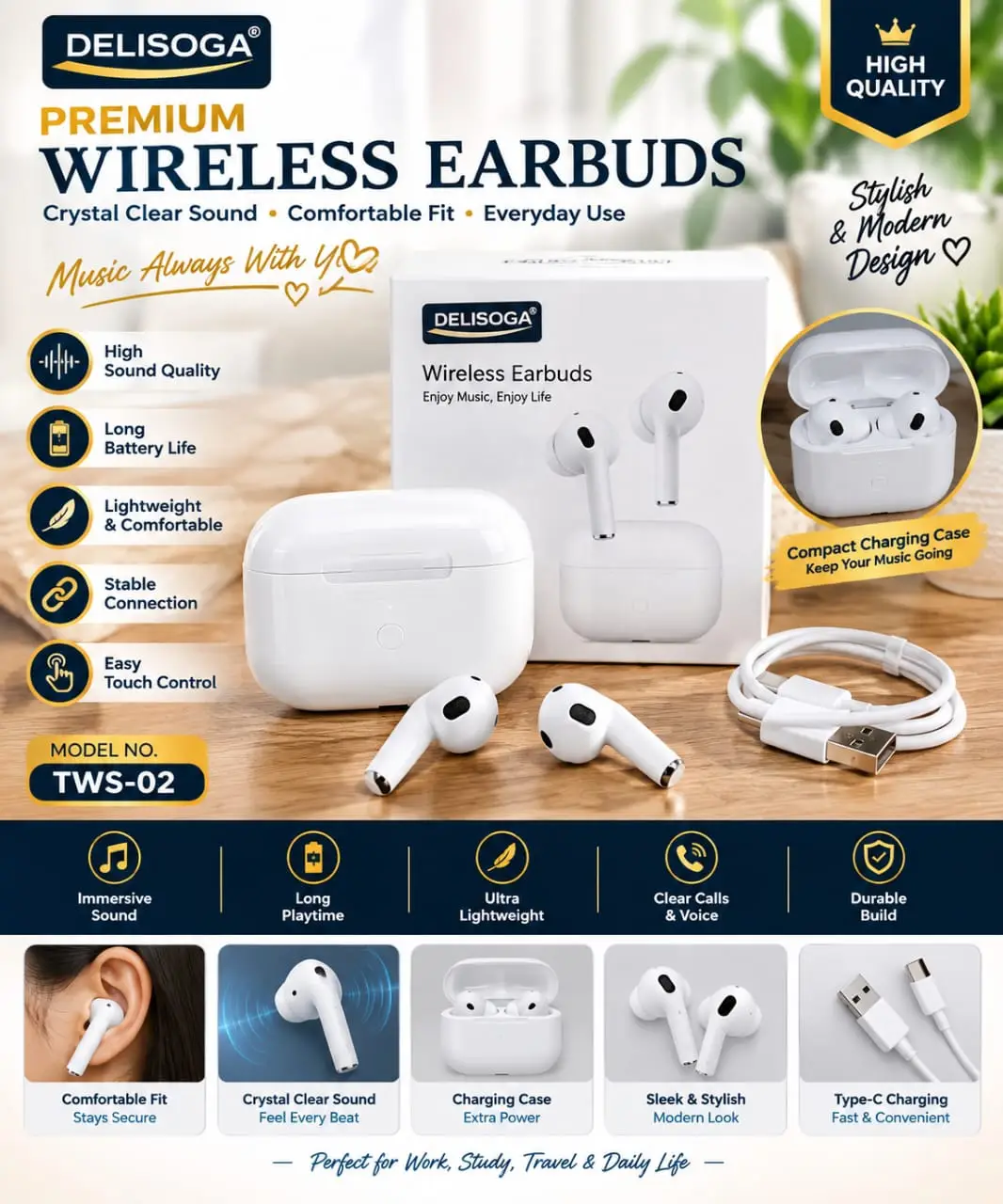Black Long-Lasting Battery With Fast Charge 2 Earbuds