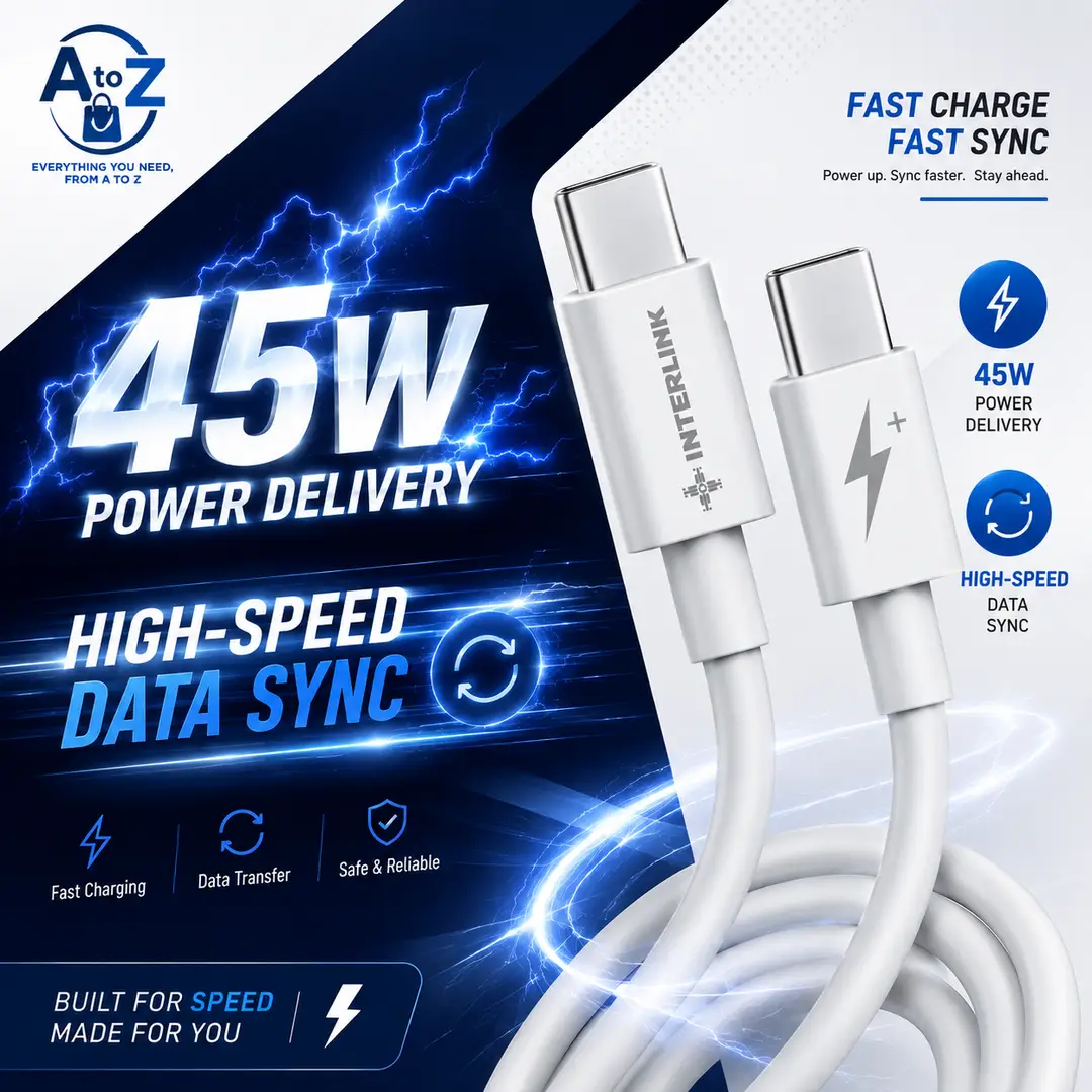 Interlink NextGen Type-C to Type-C Cable 45W PD Fast Charging & High-Speed Data Transfer Sync Cable