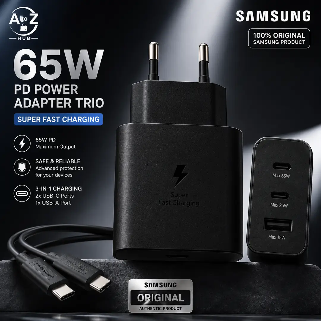Samsung Original 65W PD Power Adapter Trio - 3-in-1 Fast Charging Adapter with 2 USB-C & 1 USB-A Port