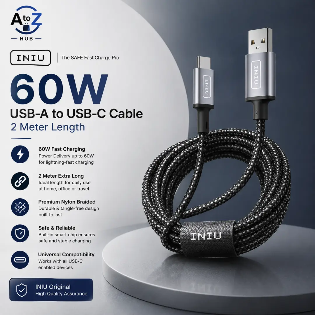 INIU Original 60W USB-A to USB-C Fast Charging Cable - 2 Meter Premium Nylon Braided Cable