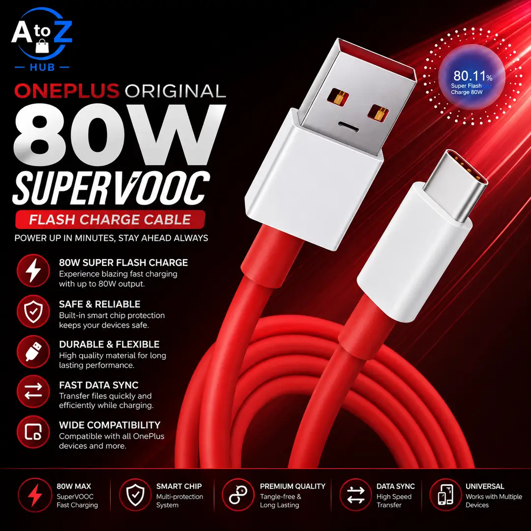 OnePlus 80W SuperVOOC Fast Charging Cable, USB-A to USB-C Data Sync Cable, Flash Charge Cable