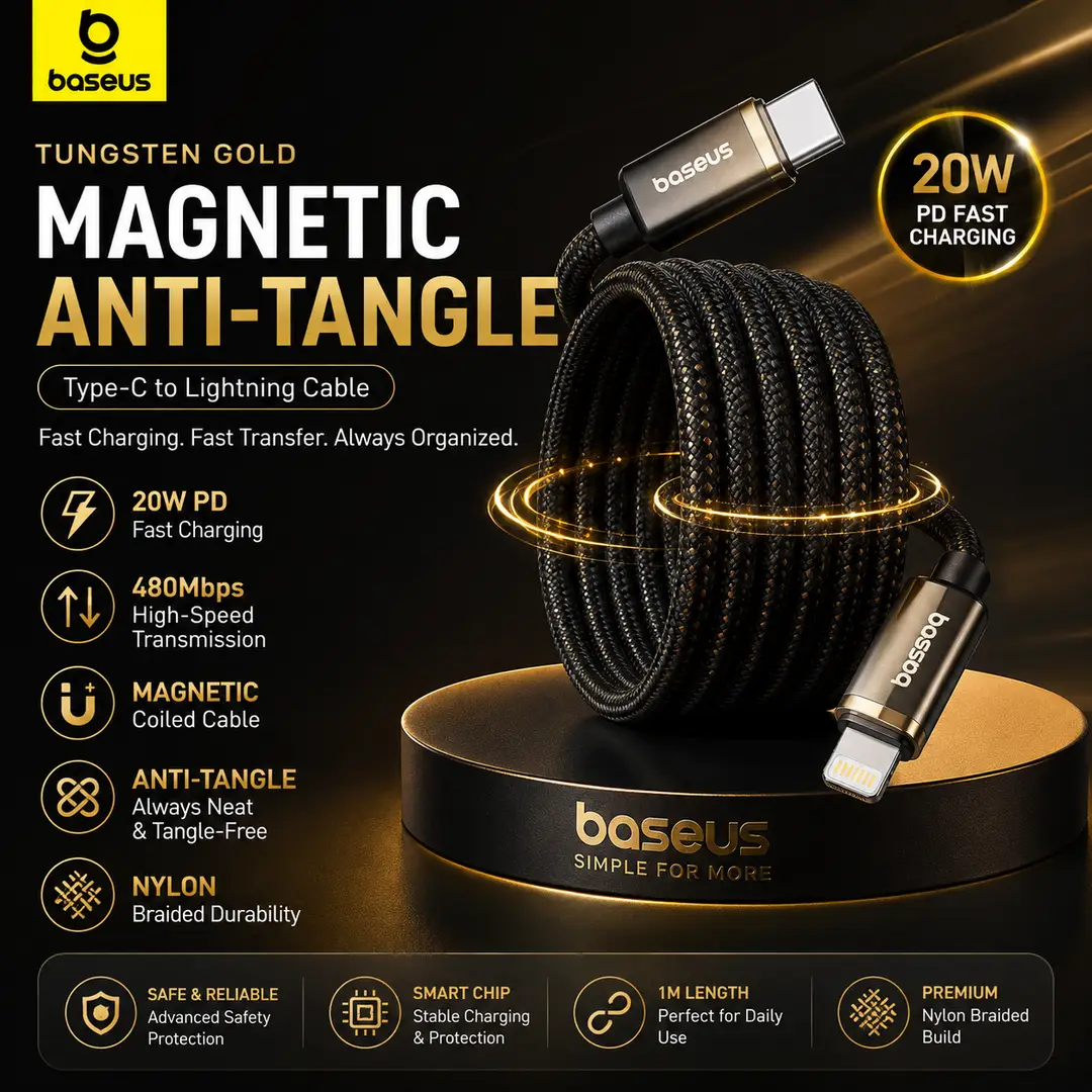 Baseus Tungsten Gold Magnetic Type-C To Lightning Cable 20W PD Fast Charging Data Cable | USB-C To Lightning | 480Mbps Data Transfer | Nylon Braided Anti-Tangle 1M Black (Pouch Pack)