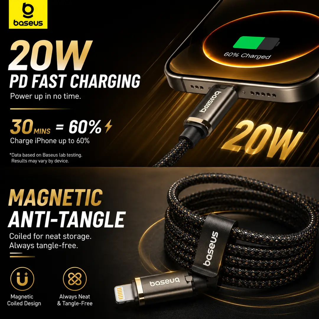 Baseus Tungsten Gold Magnetic Type-C To Lightning Cable 20W PD Fast Charging Data Cable | USB-C To Lightning | 480Mbps Data Transfer | Nylon Braided Anti-Tangle 1M Black (Pouch Pack)