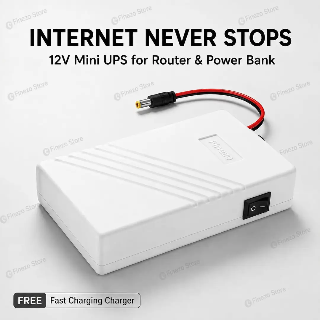 Finezo WiFi Router Power Bank 12V 12000mAh – 5-6 Hours Backup Mini UPS for WiFi Router & Modem – Supports 1A, 1.5A & 2A Devices – Portable Power Backup for Internet During Load Shedding
