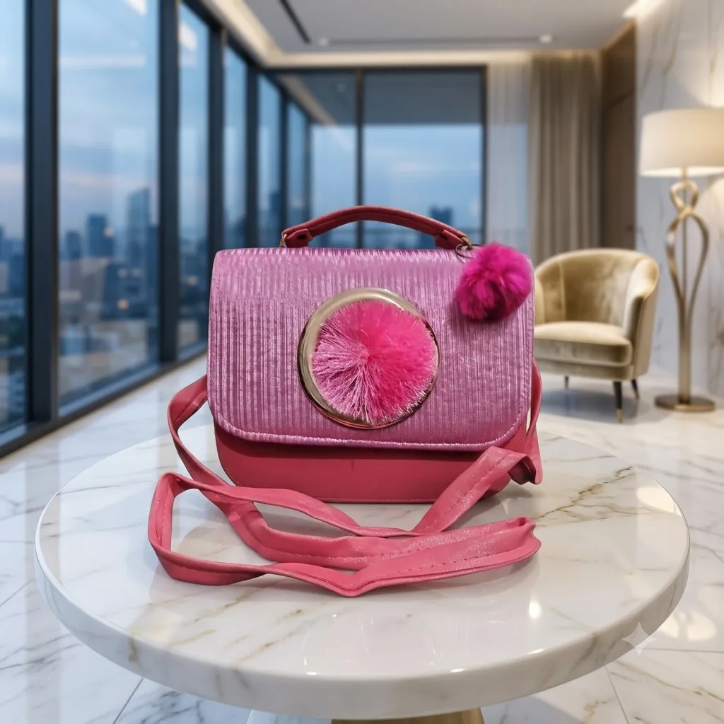 Elegant Blossom Pom Pom Women's Crossbody Pink Bag With Long Strap