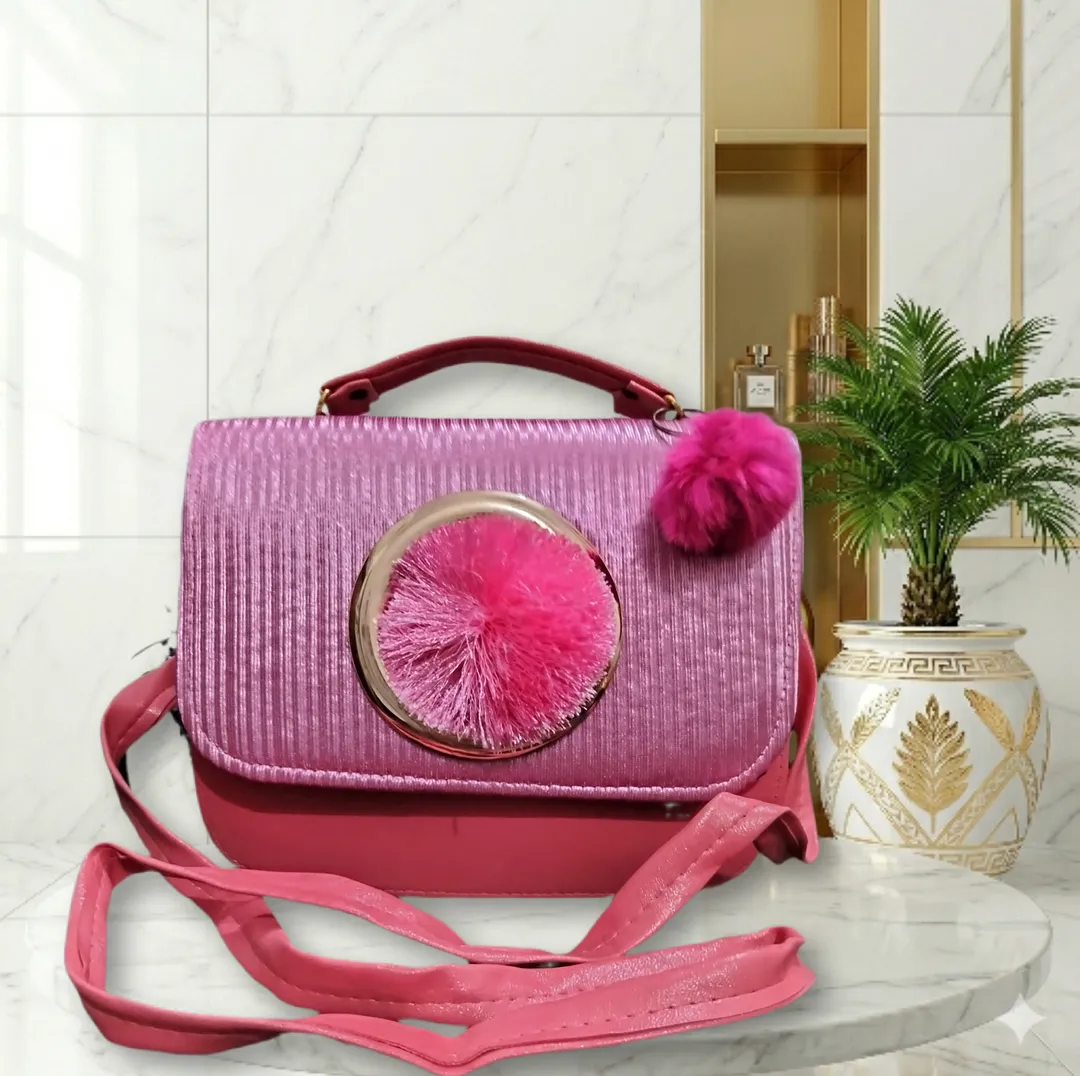Elegant Blossom Pom Pom Women's Crossbody Pink Bag With Long Strap