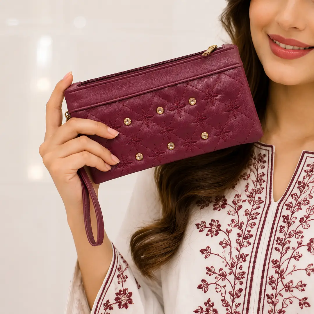 Women's PU Leather Embroidered Fancy Clutch With Strap