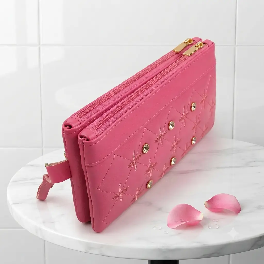 Women's PU Leather Embroidered Clutch With Wrist Strap
