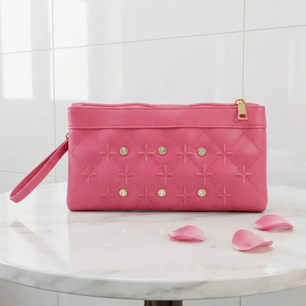 Women's PU Leather Embroidered Clutch With Wrist Strap