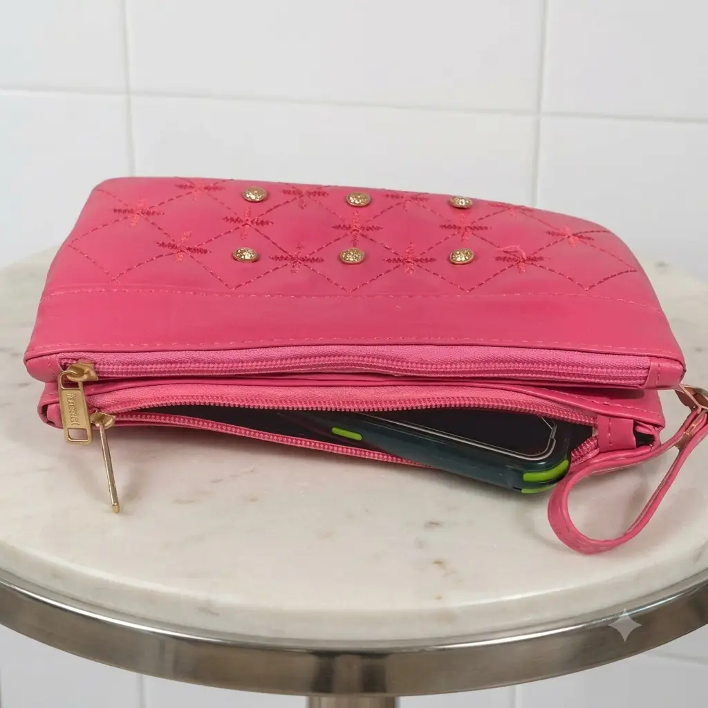 Women's PU Leather Embroidered Clutch With Wrist Strap