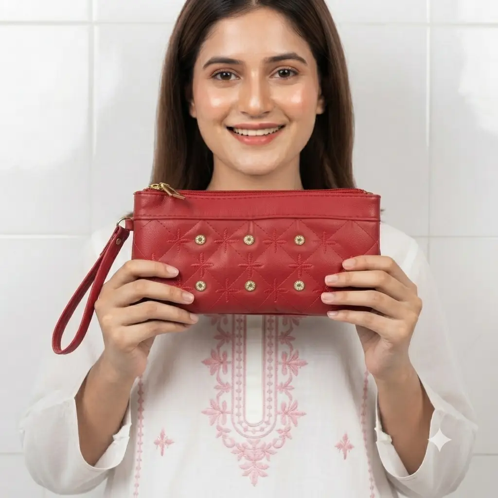 Elegant Embroidered Hand Clutch Double Pocket With Wrist Strap
