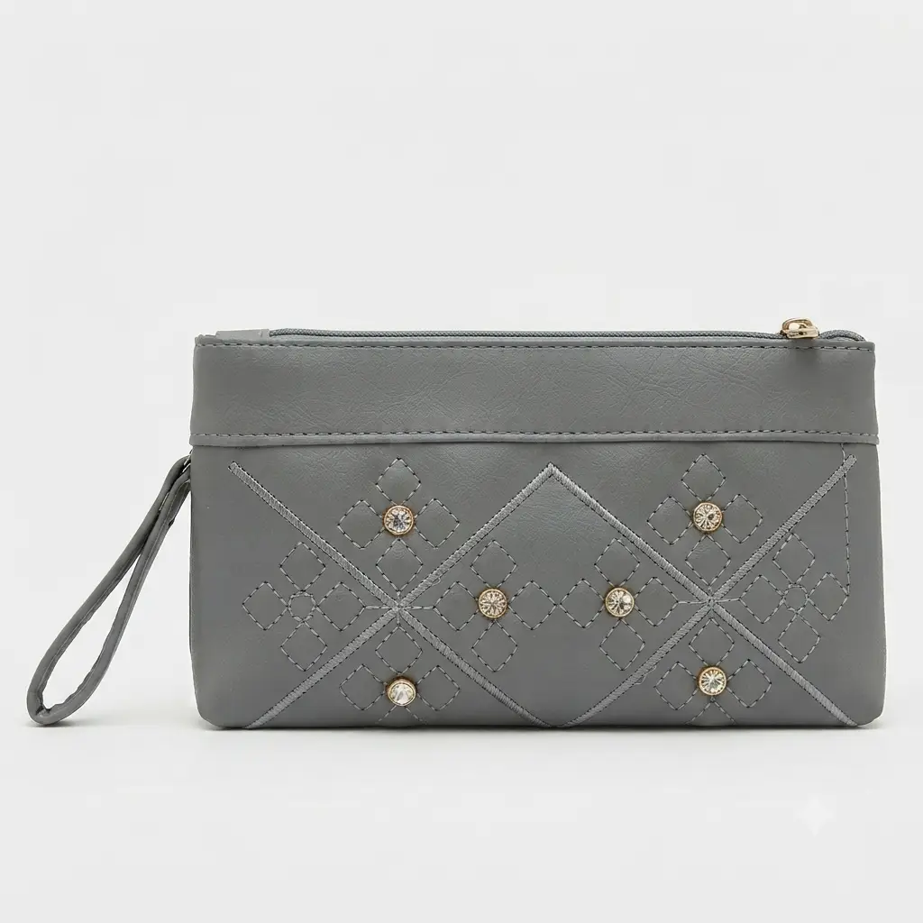 Elegant Embroidered PU Leather Hand Clutch With Wrist Strap