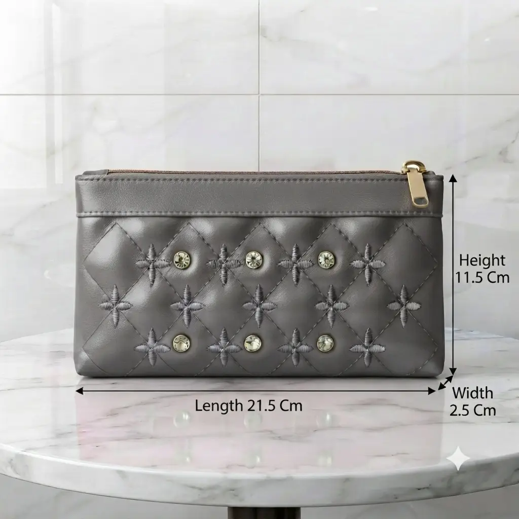 Elegant Embroidered PU Leather Hand Clutch With Wrist Strap