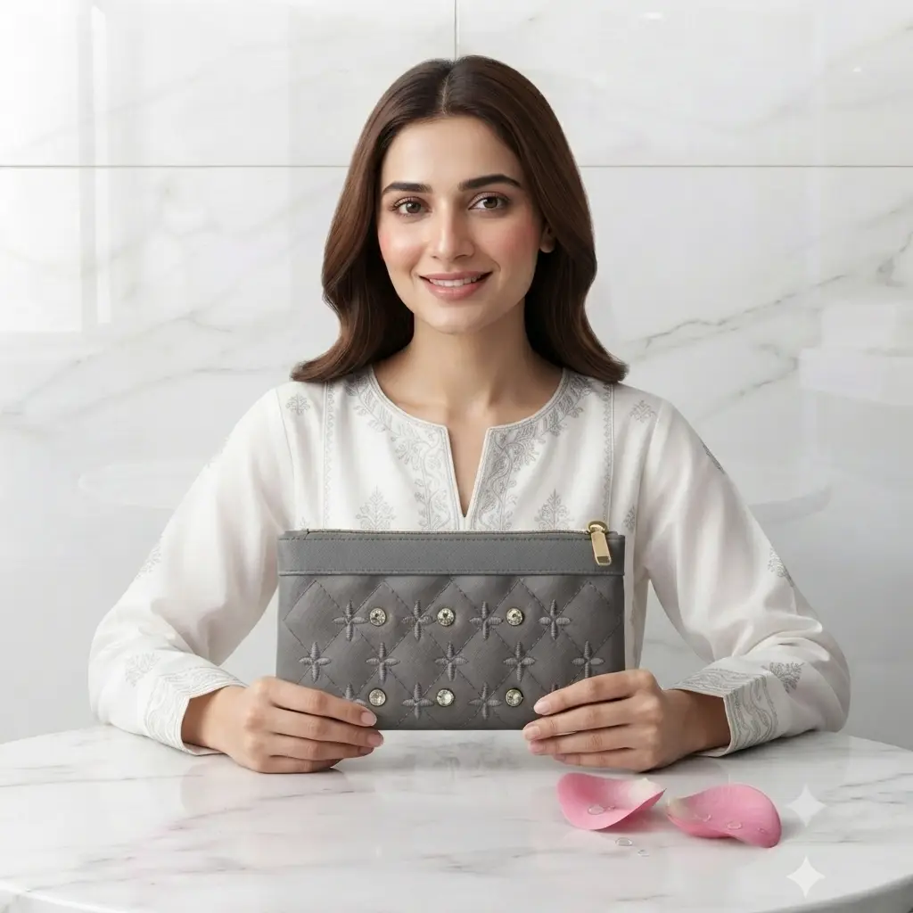 Elegant Embroidered PU Leather Hand Clutch With Wrist Strap