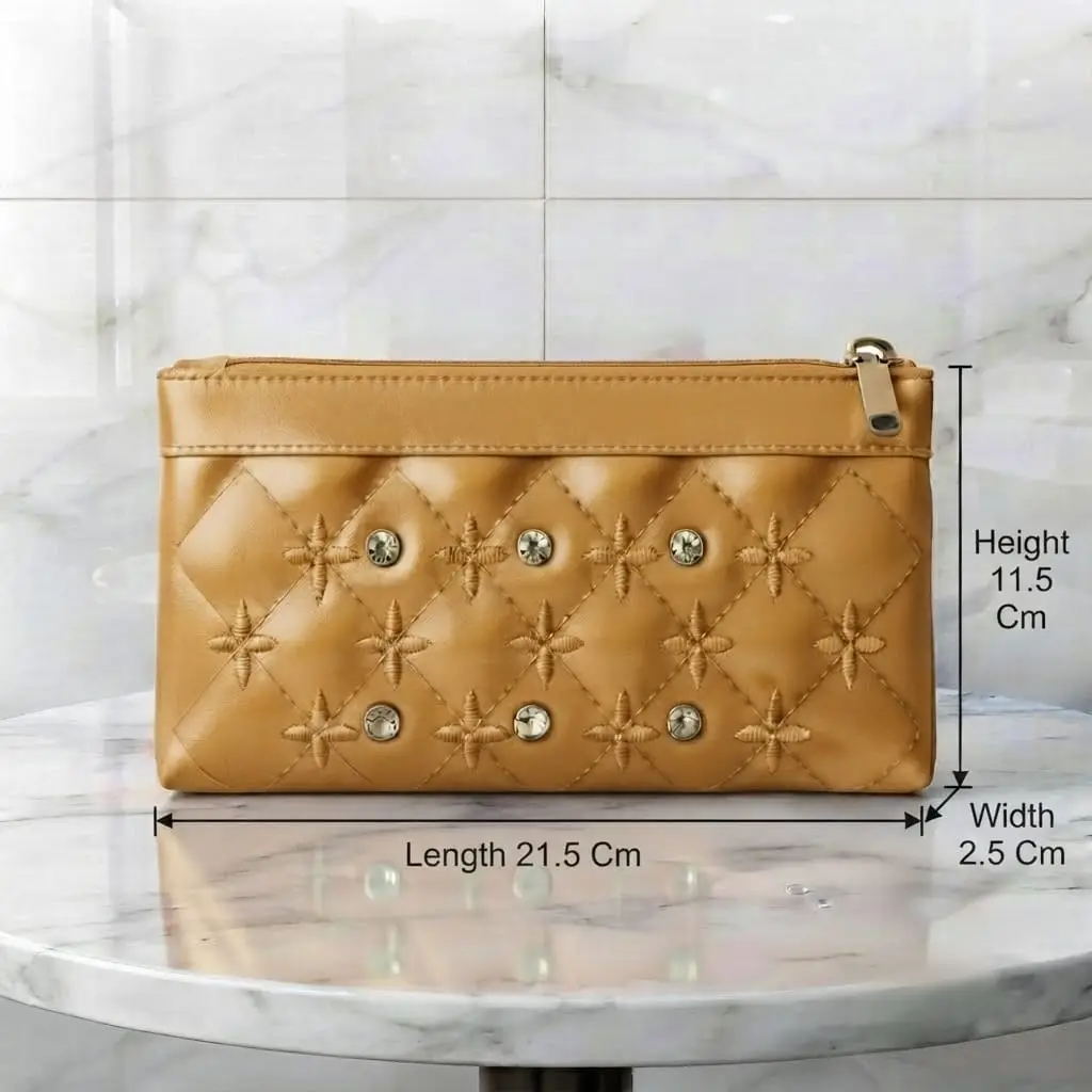 Elegant Mustard Embroidered PU Leather Hand clutch Mobile Size With Wrist Strap