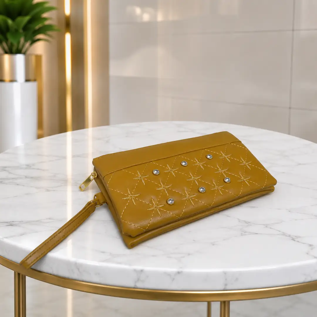 Elegant Mustard Embroidered PU Leather Hand clutch Mobile Size With Wrist Strap