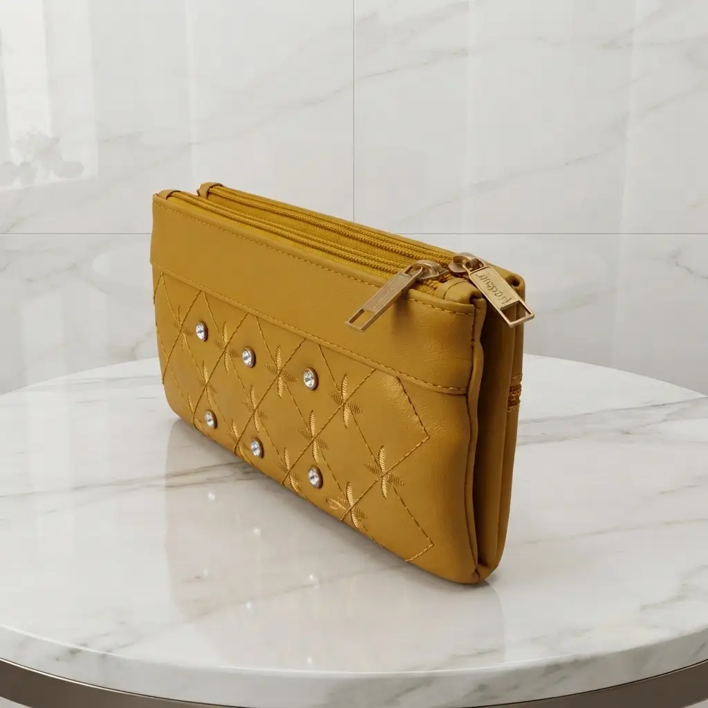 Elegant Mustard Embroidered PU Leather Hand clutch Mobile Size With Wrist Strap